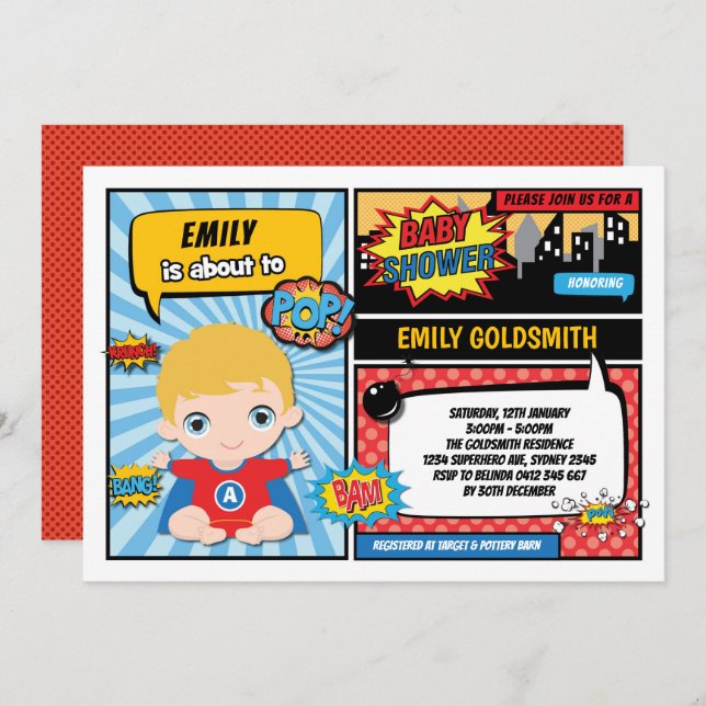 Superhero Baby Boy Shower / Comic Book Blonde Hair Invitation (Front/Back)