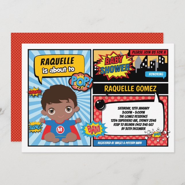 Superhero Baby Boy Shower / Comic Book Superheroes Invitation (Front/Back)