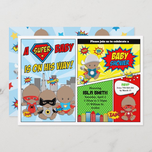 Superhero Baby Shower Boy African American Invitation (Front/Back)