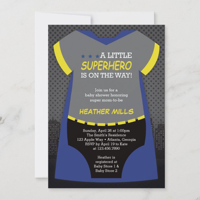 Superhero Baby Shower Invitation, Blue, Black Invi Invitation (Front)