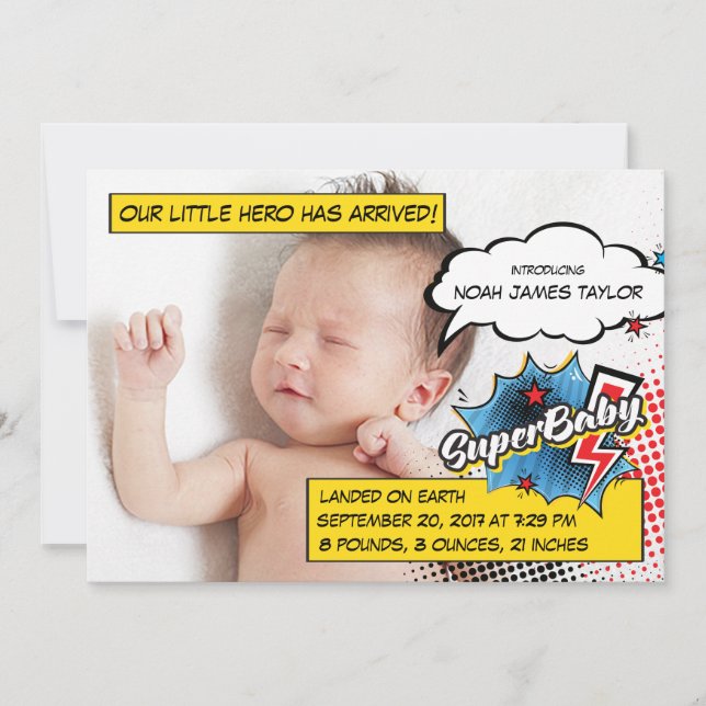 Superhero birth announcement card, SuperBABY blue (Front)