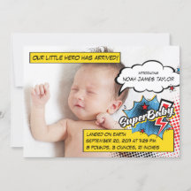 Superhero birth announcement card, SuperBABY blue