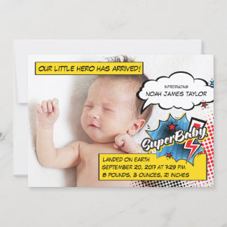 Superhero birth announcement card, SuperBABY blue