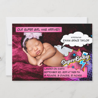 Superhero birth announcement card, SuperBABY pink