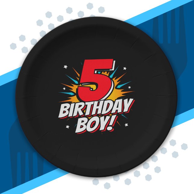 Superhero Birthday Boy - 5 Year Old - 5th Birthday Paper Plate (Creator Uploaded)