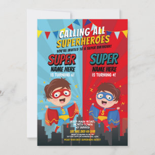 Superhero Birthday Brothers Blue Red Joint Boy Invitation