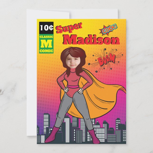 Superhero Birthday Girl Comic ⚡ Fun Fab USA Invitation (Front)