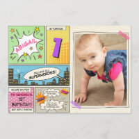 superhero birthday invitation Cartoon Vintage Girl