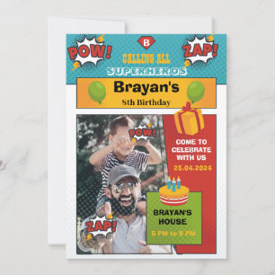 Superhero birthday invitation with photo