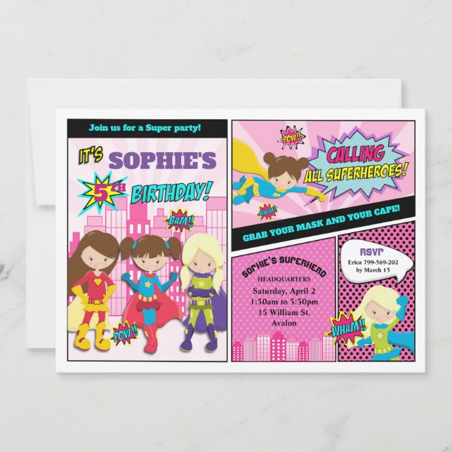 Superhero Birthday Invitations Party Girls Pink (Front)