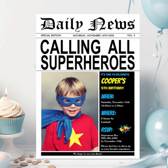 Superhero Birthday Party Hero Boy Girl Photo Invitation (Creator Uploaded)