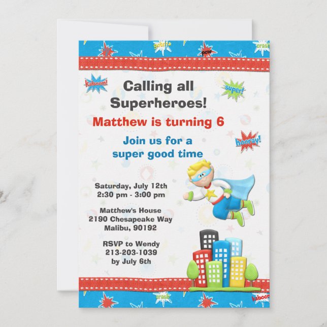 Superhero Birthday Party Invitation (Front)