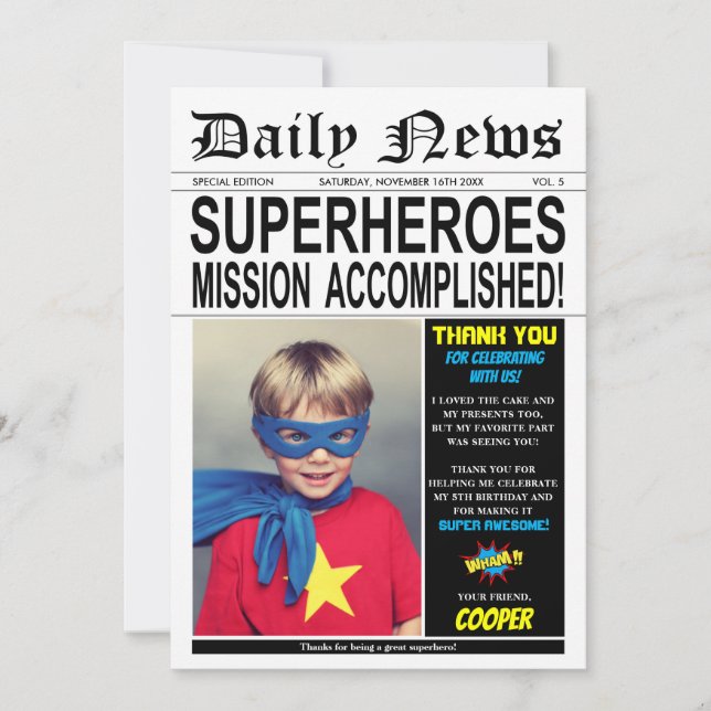 Superhero Birthday Party Super Hero Photo Thank You Card (Front)