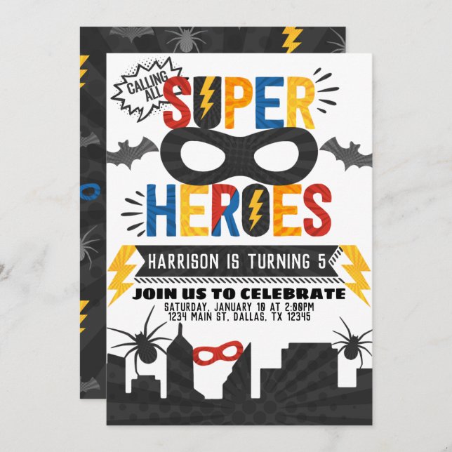 Superhero Birthday Party Themed Invitation (Front/Back)