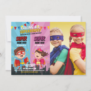 Superhero Birthday Photo Pink Blue Joint Boy Girl Invitation