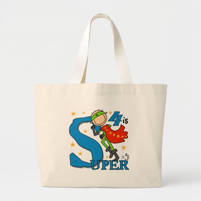 Superhero Boy 4th Birthday Tshirts and Gifts Large Tote Bag (Front)