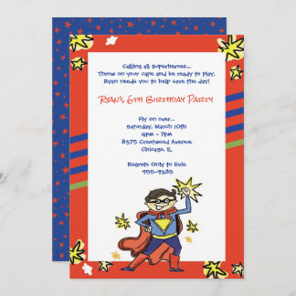 Superhero Boy Brunette Comic Action Hero Party Invitation