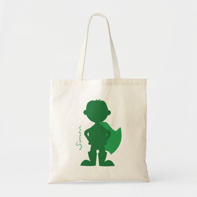 Superhero Boy Silhouette Personalised Green Tote Bag (Front)