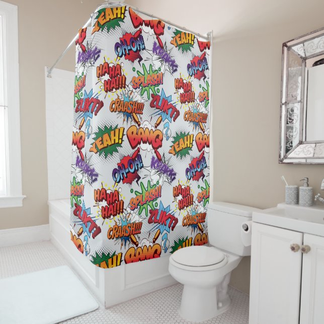 Superhero Bubble Pattern Shower Curtain (In Situ)