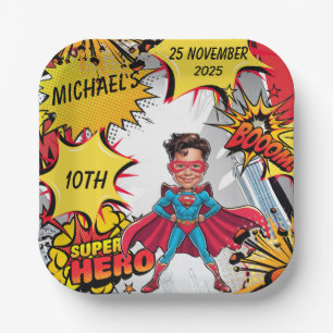 Superhero Caricature Party Cityscape Paper Plate