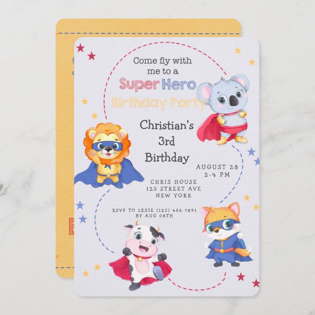 Superhero Cartoon Animals Boy Birthday Party Invitation (Front/Back)