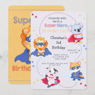 Superhero Cartoon Animals Boy Birthday Party Invitation