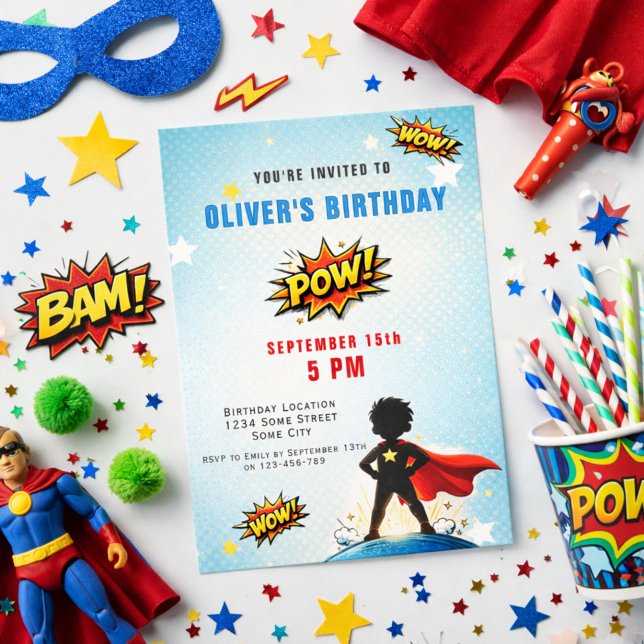 Superhero Cartoon Boy Birthday Party Invitation (Creator Uploaded)
