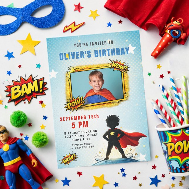 Superhero Cartoon Boy Photo Birthday Party  Invitation (Creator Uploaded)