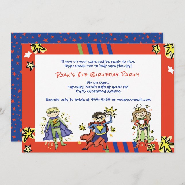 Superhero Comic Action Hero Boy in Cape Invitation (Front/Back)
