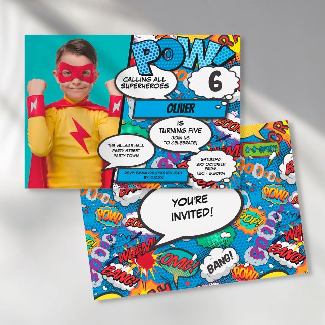 Superhero Comic Birthday Party Blue Photo Invitation (Creator Uploaded)