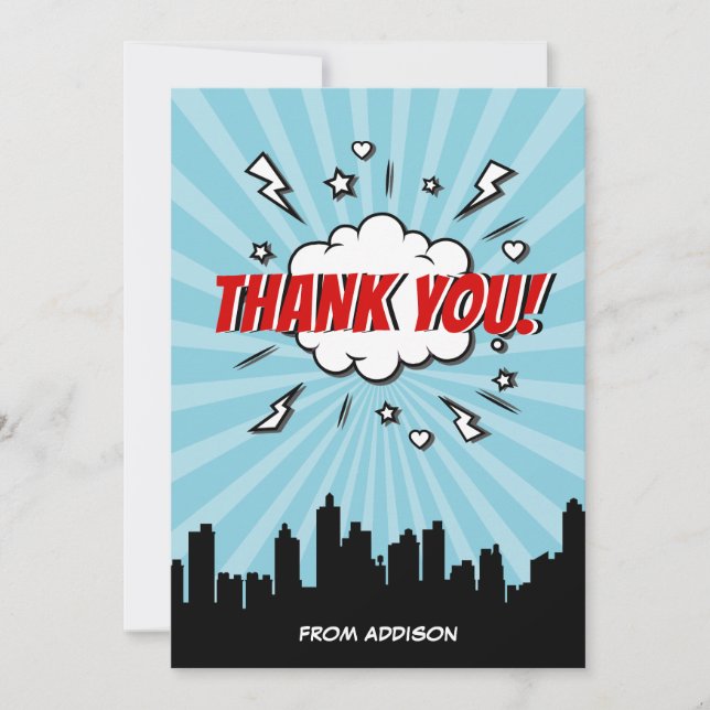 Superhero Comic Birthday Party Thank You Card (Front)
