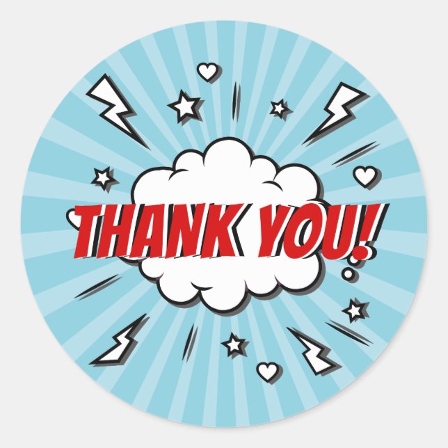 Superhero Comic Birthday Party Thank You Sticker (Front)