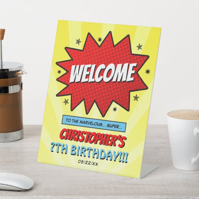 Superhero Comic Book Any Age Birthday Welcome Pedestal Sign (In SItu)