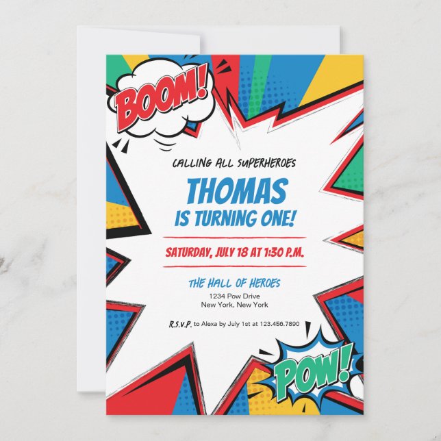 Superhero Comic Book Birthday Invitation Boom Pow (Front)