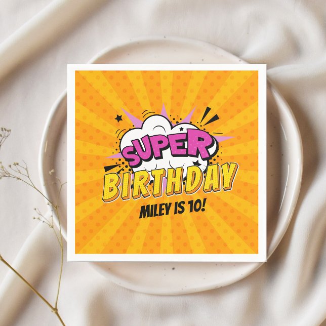 Superhero Comic Book Girl's Cute Birthday Napkin (Girl's superhero personalized birthday napkin)