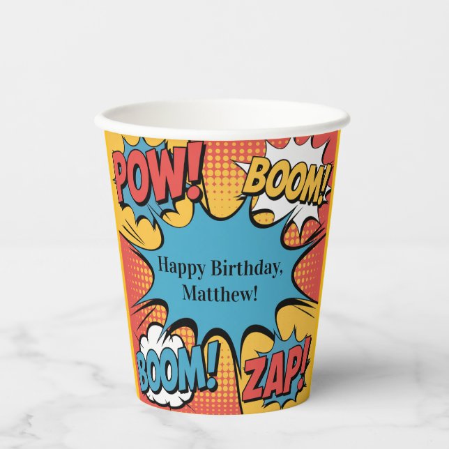 Superhero Comic Book Pop Art Boy Birthday Party Paper Cups (Front)