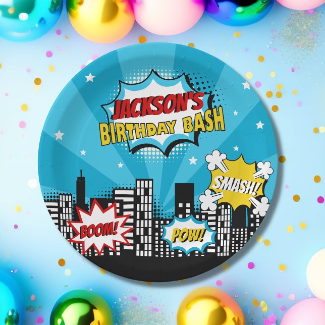 Superhero Comic Book Style Boy Birthday Blue Paper Plate (Creator Uploaded)