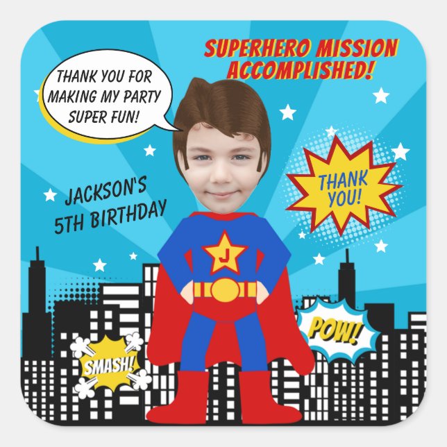 Superhero Comic Book Style Boy Birthday Photo  Square Sticker (Front)