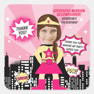 Superhero Comic Book Style Girl Birthday Photo  Square Sticker