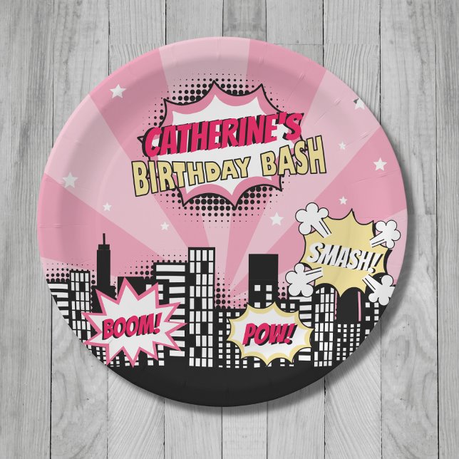 Superhero Comic Book Style Girl Birthday Pink Paper Plate (Creator Uploaded)