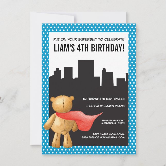 Superhero Comic Book Teddy Boys Birthday Invite (Front)