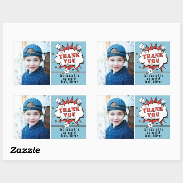 Superhero Comic Boy Birthday Photo Thank you Rectangular Sticker (Sheet)