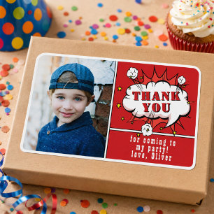 Superhero Comic Boy Birthday Photo Thank you Red Rectangular Sticker