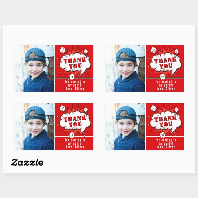 Superhero Comic Boy Birthday Photo Thank you Red Rectangular Sticker (Sheet)