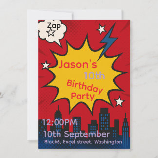 Superhero Comic City Birthday Invitation card