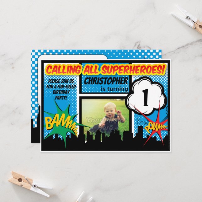 Superhero Comic Photo Boys 1st Birthday Party Invitation (Front/Back In Situ)