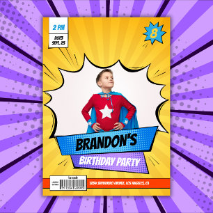 Superhero Comic Photo Yellow Boy Birthday Invitation