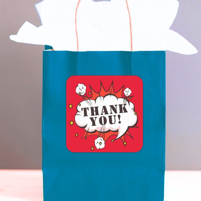 Superhero Comic Speech Bubble Birthday Thank you Square Sticker (Creator Uploaded)