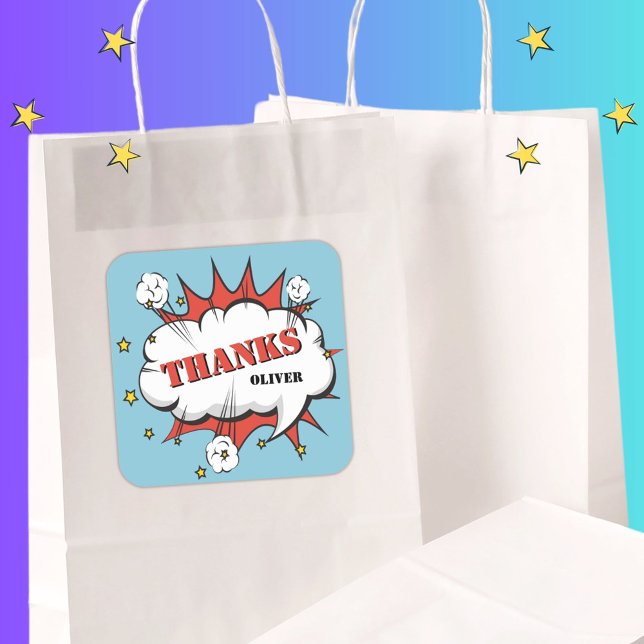 Superhero Comic Speech Bubble Birthday Thanks Square Sticker (Creator Uploaded)