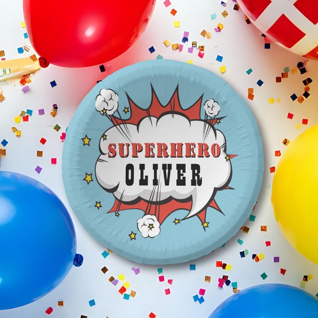 Superhero Comic Speech Bubble Boy Birthday Party Paper Plate (Creator Uploaded)